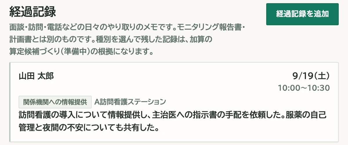 経過記録の画面。日付、利用者名、種別「関係機関への情報提供」と記録の本文が一覧で並ぶ。