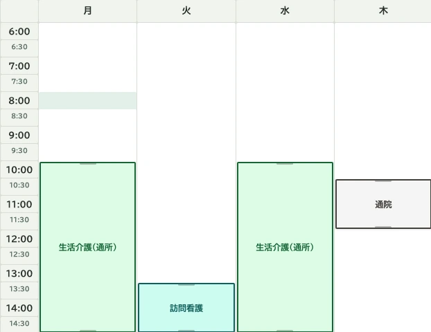 週間計画表の画面。月曜から金曜の時間割に、生活介護(通所)・訪問看護・通院の予定が色分けで置かれている。